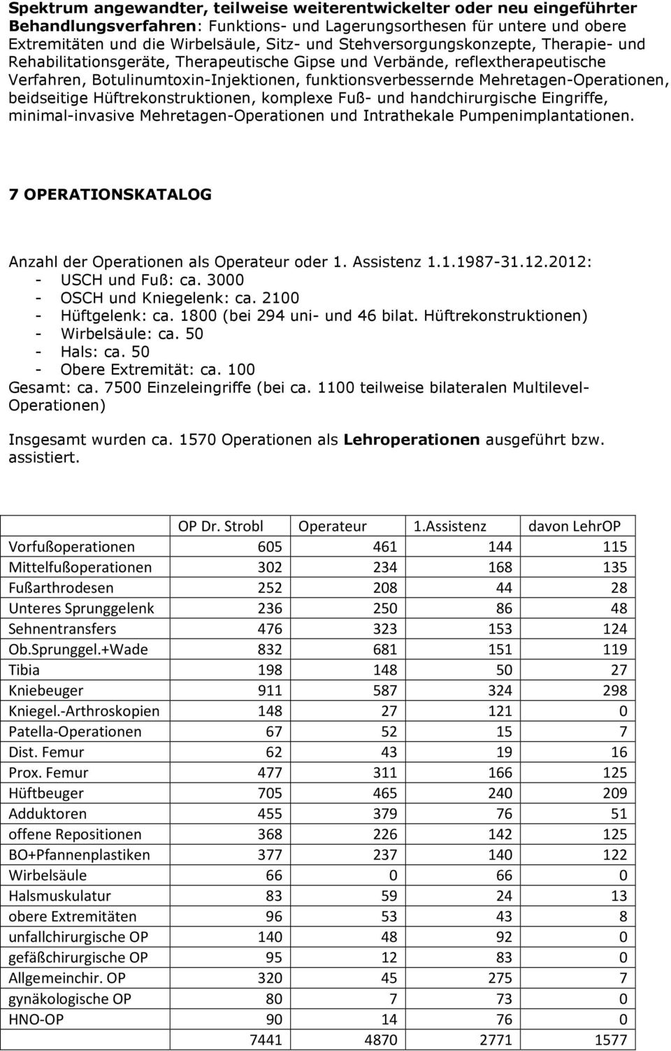 Mehretagen-Operationen, beidseitige Hüftrekonstruktionen, komplexe Fuß- und handchirurgische Eingriffe, minimal-invasive Mehretagen-Operationen und Intrathekale Pumpenimplantationen.