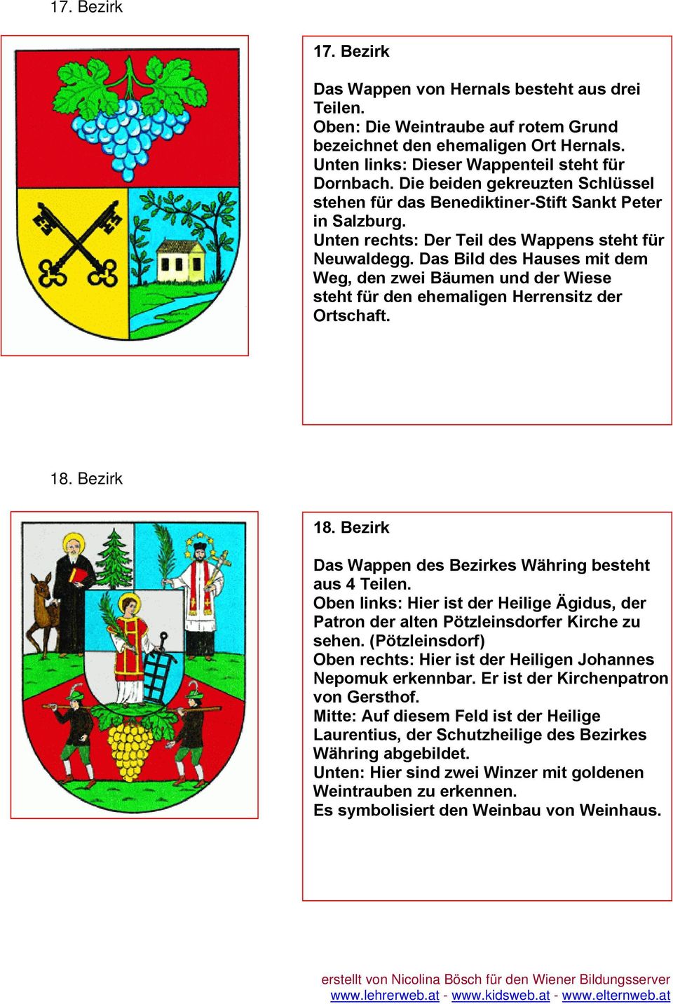 Das Bild des Hauses mit dem Weg, den zwei Bäumen und der Wiese steht für den ehemaligen Herrensitz der Ortschaft. 18. Bezirk 18. Bezirk Das Wappen des Bezirkes Währing besteht aus 4 Teilen.