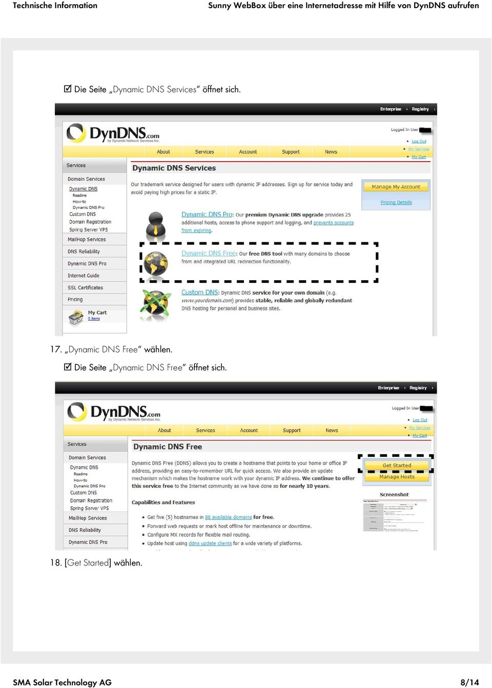 Die Seite Dynamic DNS Free öffnet sich.