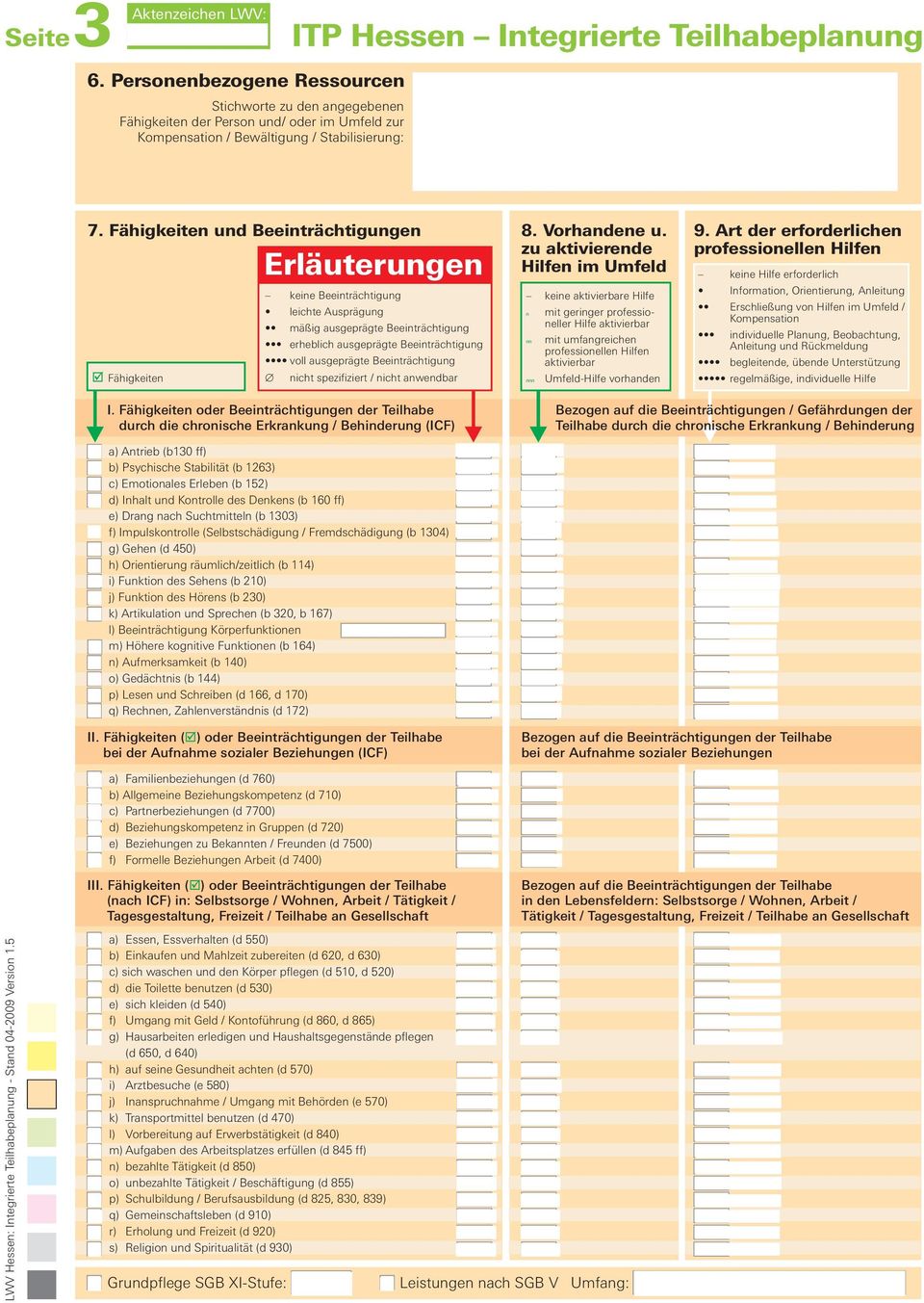 Fähigkeiten nicht spezifiziert / nicht anwendbar 8. Vorhandene u.