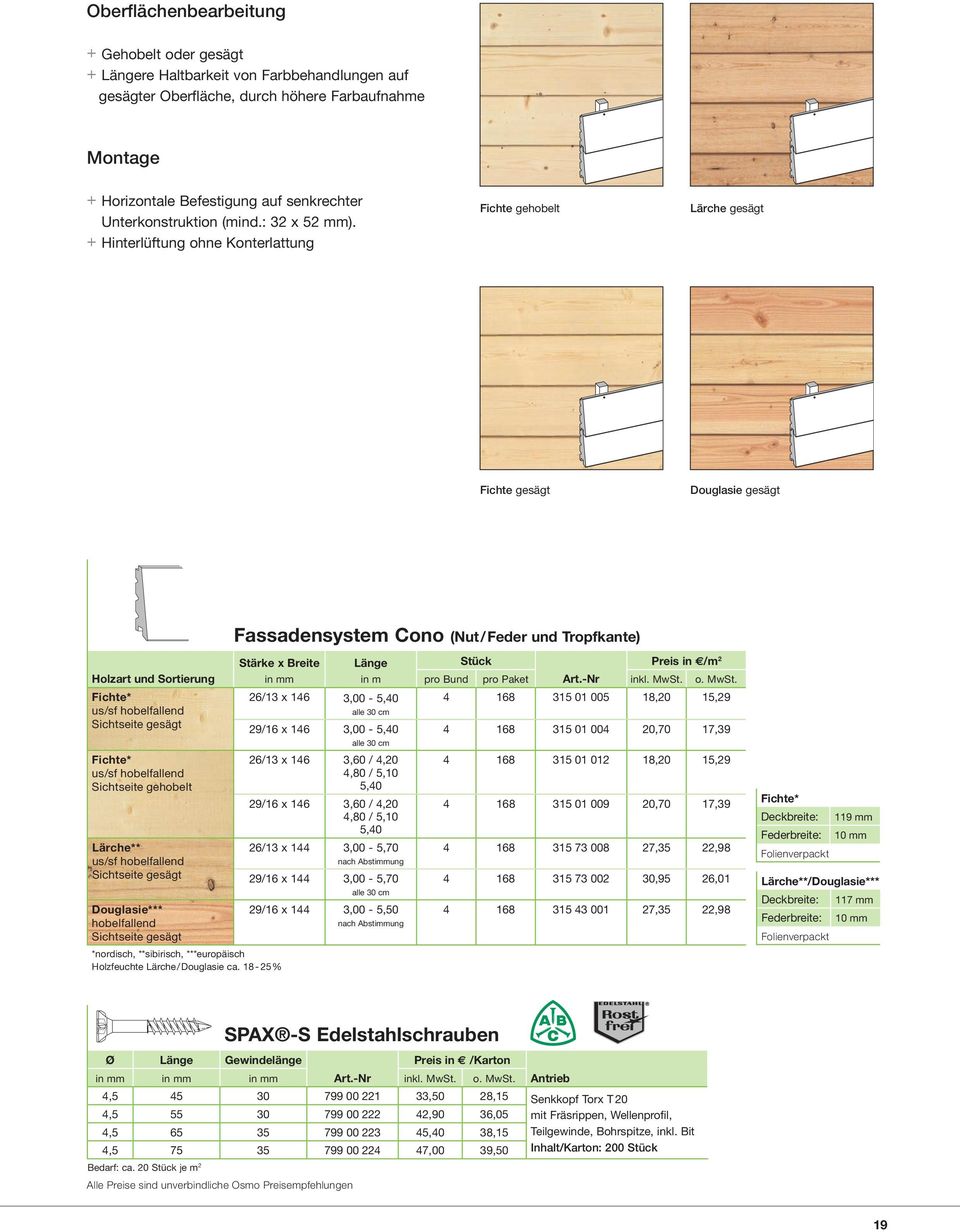+ Hinterlüftung ohne Konterlattung Fichte gehobelt Lärche gesägt Fichte gesägt Douglasie gesägt Holzart und Sortierung Sichtseite gesägt Sichtseite gehobelt Lärche** Sichtseite gesägt Douglasie***