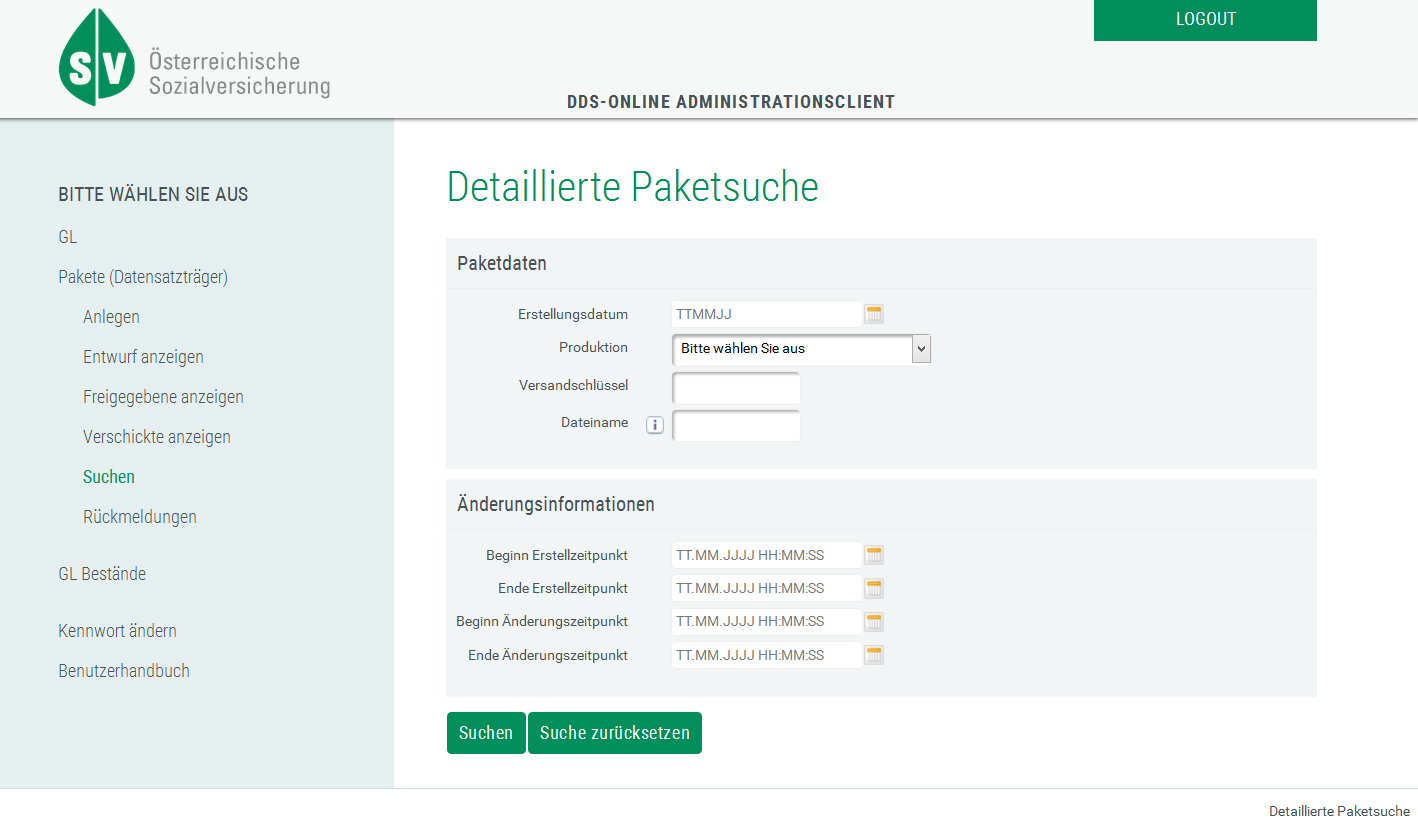 3.5.5 Suchen Bei der Suche können Sie für jedes Feld einen Suchbegriff eingeben. Es ist auch möglich, über einen bestimmten Erstell- oder Änderungszeitraum zu suchen.