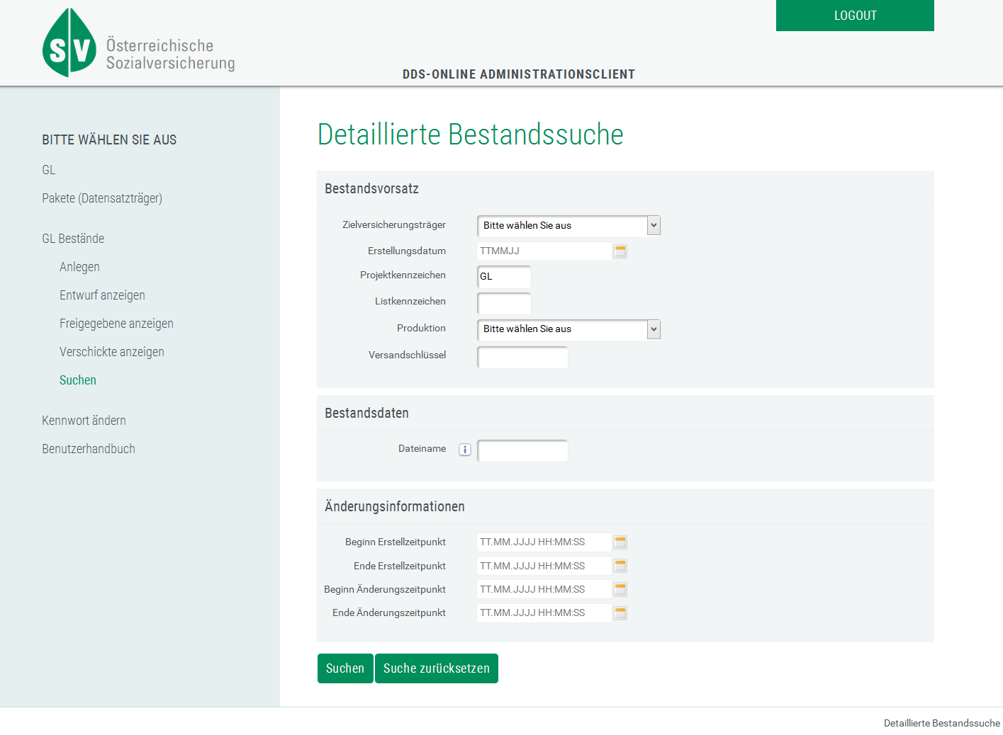 3.6.5 Suchen Bei der Suche können Sie für jedes Feld einen Suchbegriff eingeben. Es ist auch möglich, über einen bestimmten Erstell- oder Änderungszeitraum zu suchen.