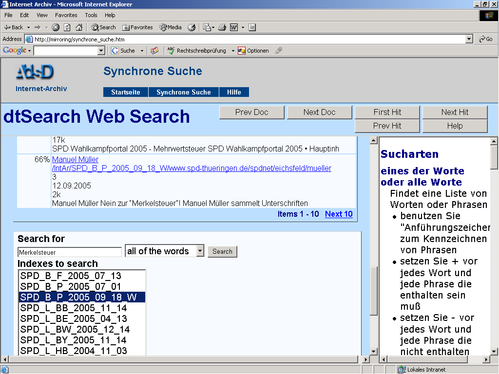 (Beispiel: Synchrone Suche 2005 Bundespartei