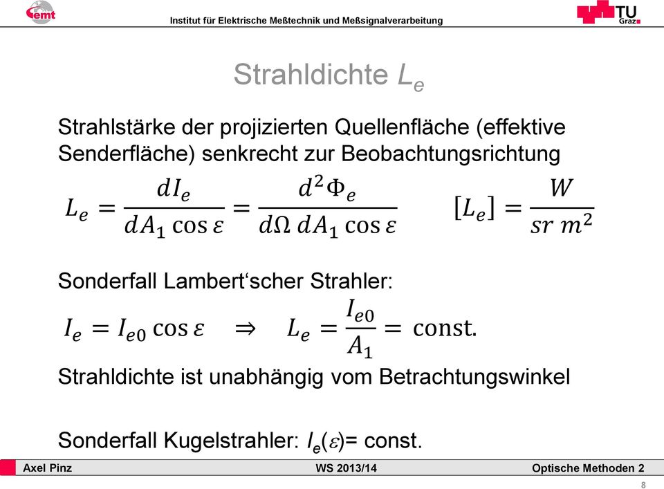 Sonderfall Lambert scher Strahler: I e = I e0 cos ε L e = I e0 = const.