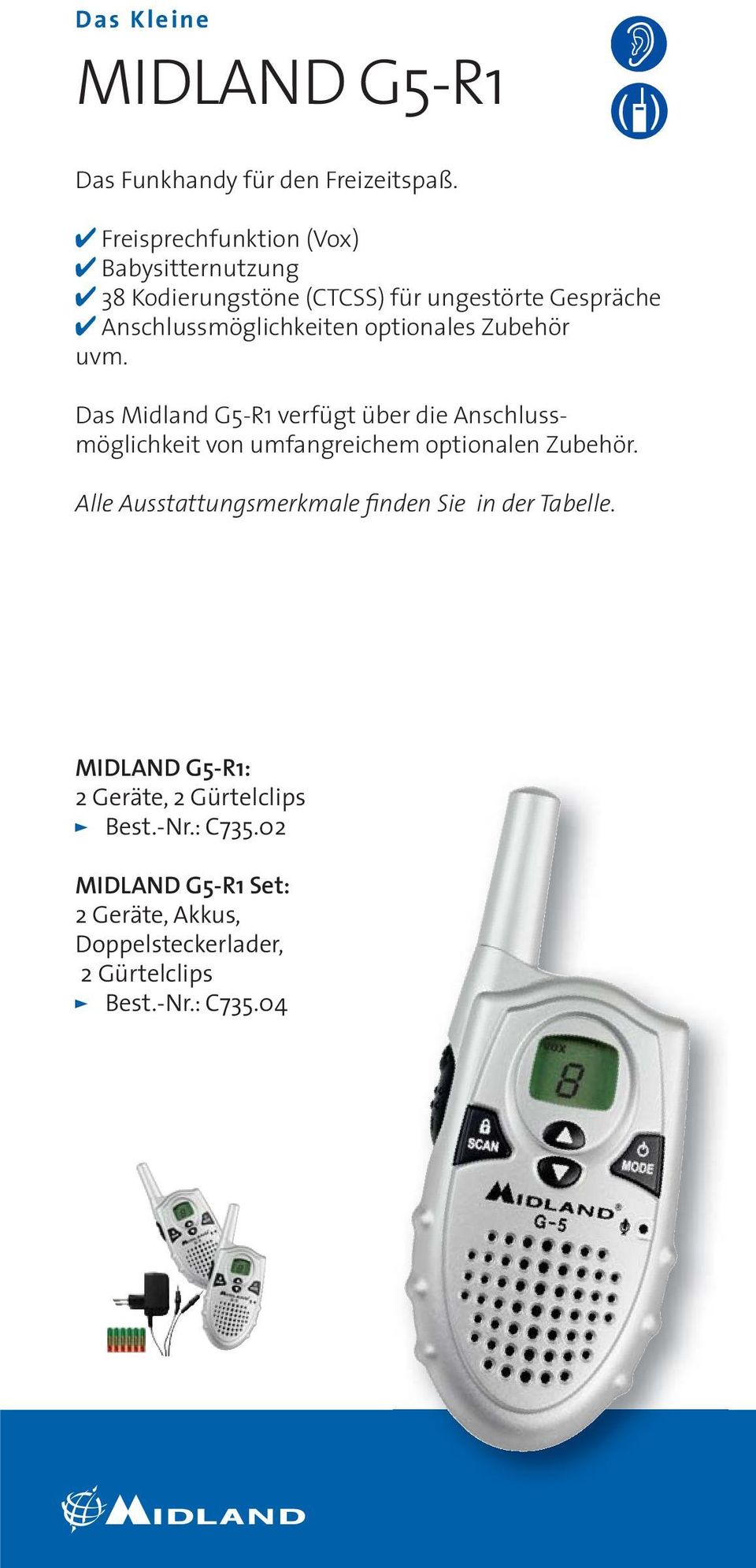 optionales Zubehör uvm. Das Midland G5-R1 verfügt über die Anschlussmöglichkeit von umfangreichem optionalen Zubehör.