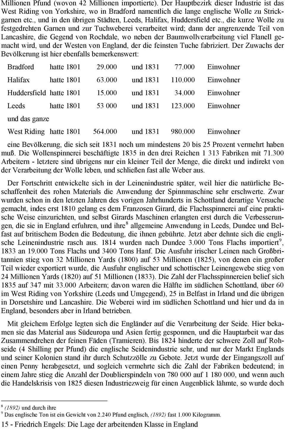 , die kurze Wolle zu festgedrehten Garnen und zur Tuchweberei verarbeitet wird; dann der angrenzende Teil von Lancashire, die Gegend von Rochdale, wo neben der Baumwollverarbeitung viel Flanell