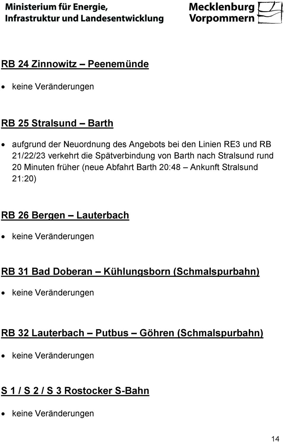 (neue Abfahrt Barth 20:48 Ankunft Stralsund 21:20) RB 26 Bergen Lauterbach RB 31 Bad Doberan