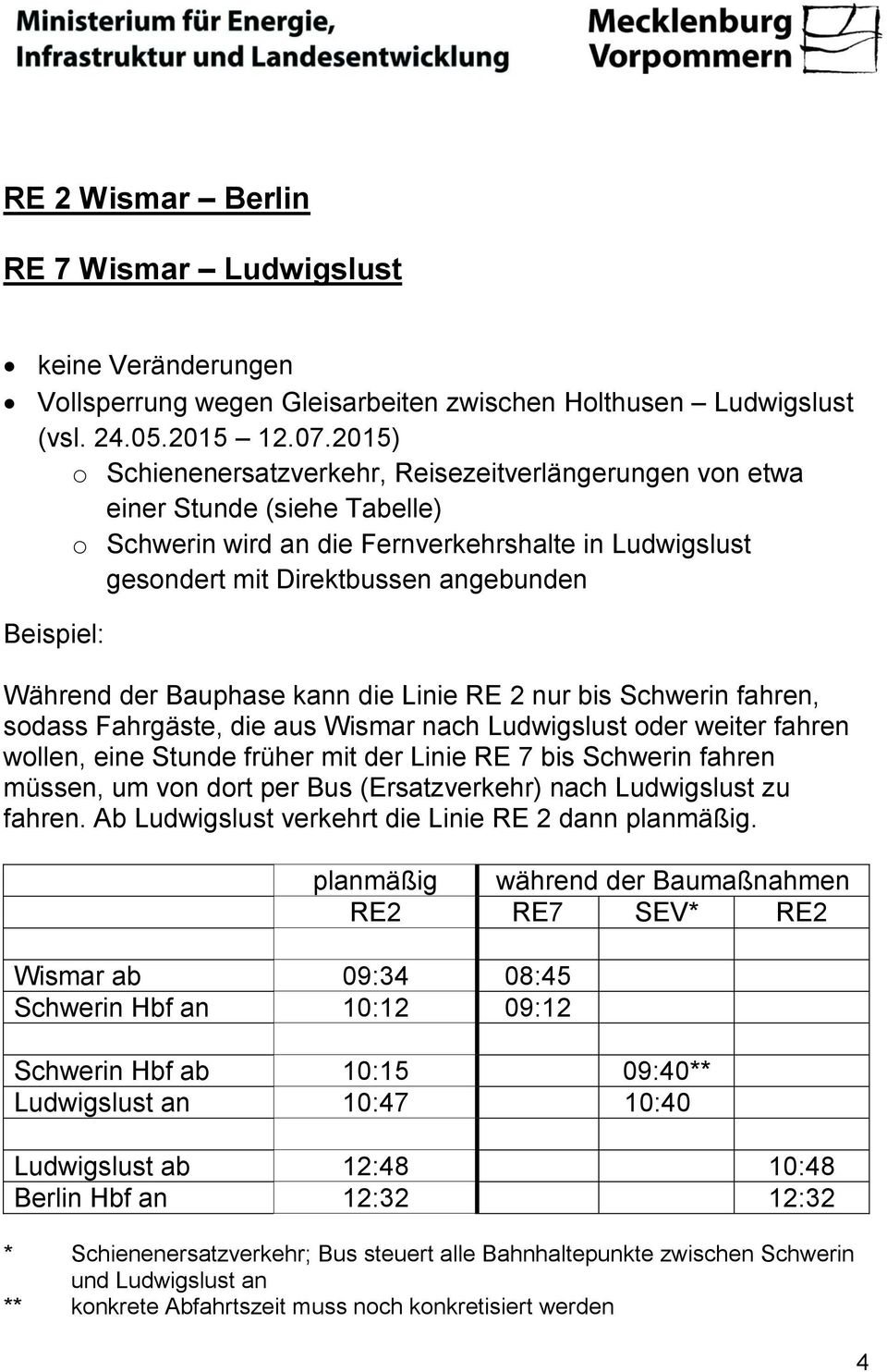Während der Bauphase kann die Linie RE 2 nur bis Schwerin fahren, sodass Fahrgäste, die aus Wismar nach Ludwigslust oder weiter fahren wollen, eine Stunde früher mit der Linie RE 7 bis Schwerin
