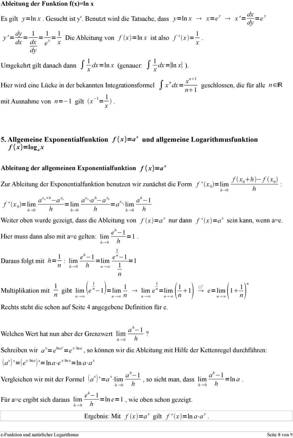 Allgemeine Eponentialfunktion f =a und allgemeine Logaritmusfunktion f =log a Ableitung der allgemeinen Eponentialfunktion f =a Zur Ableitung der Eponentialfunktion benutzen wir zunäcst die Form f '