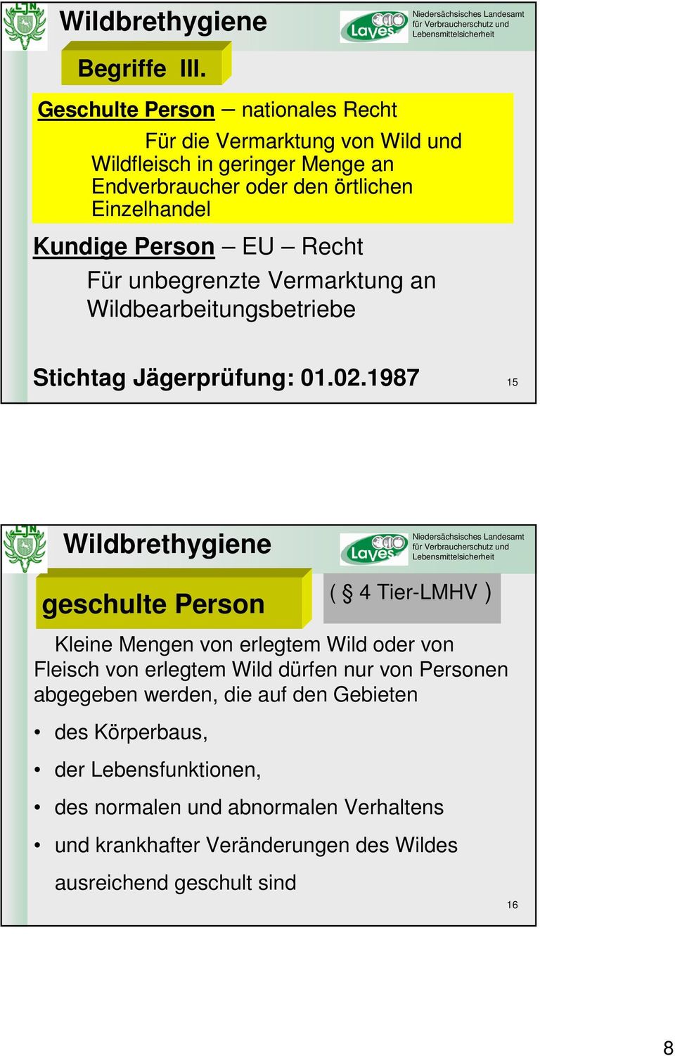 Kundige Person EU Recht Für unbegrenzte Vermarktung an Wildbearbeitungsbetriebe Stichtag Jägerprüfung: 01.02.
