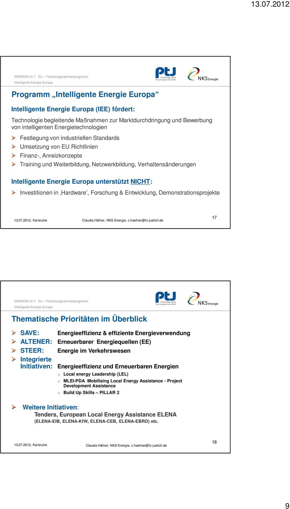 Thematische Prioritäten im Überblick SAVE: Energieeffizienz & effiziente Energieverwendung ALTENER: Erneuerbarer Energiequellen (EE) STEER: Energie im Verkehrswesen Integrierte Initiativen: