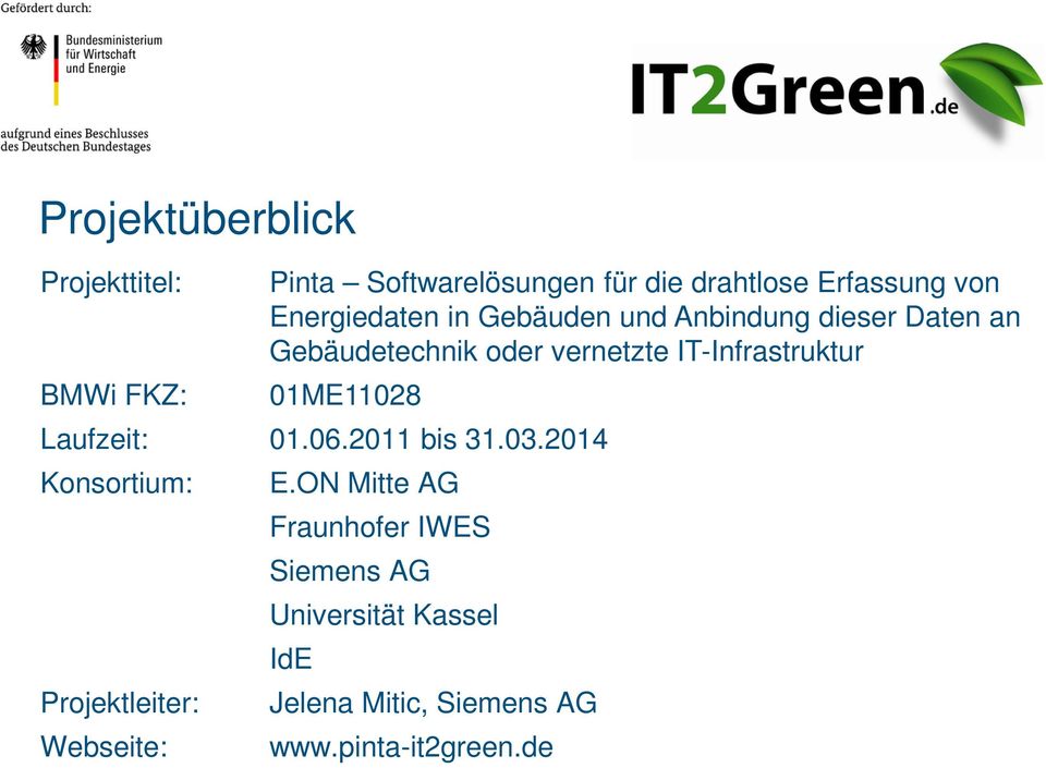IT-Infrastruktur BMWi FKZ: 01ME11028 Laufzeit: 01.06.2011 bis 31.03.2014 Konsortium: E.