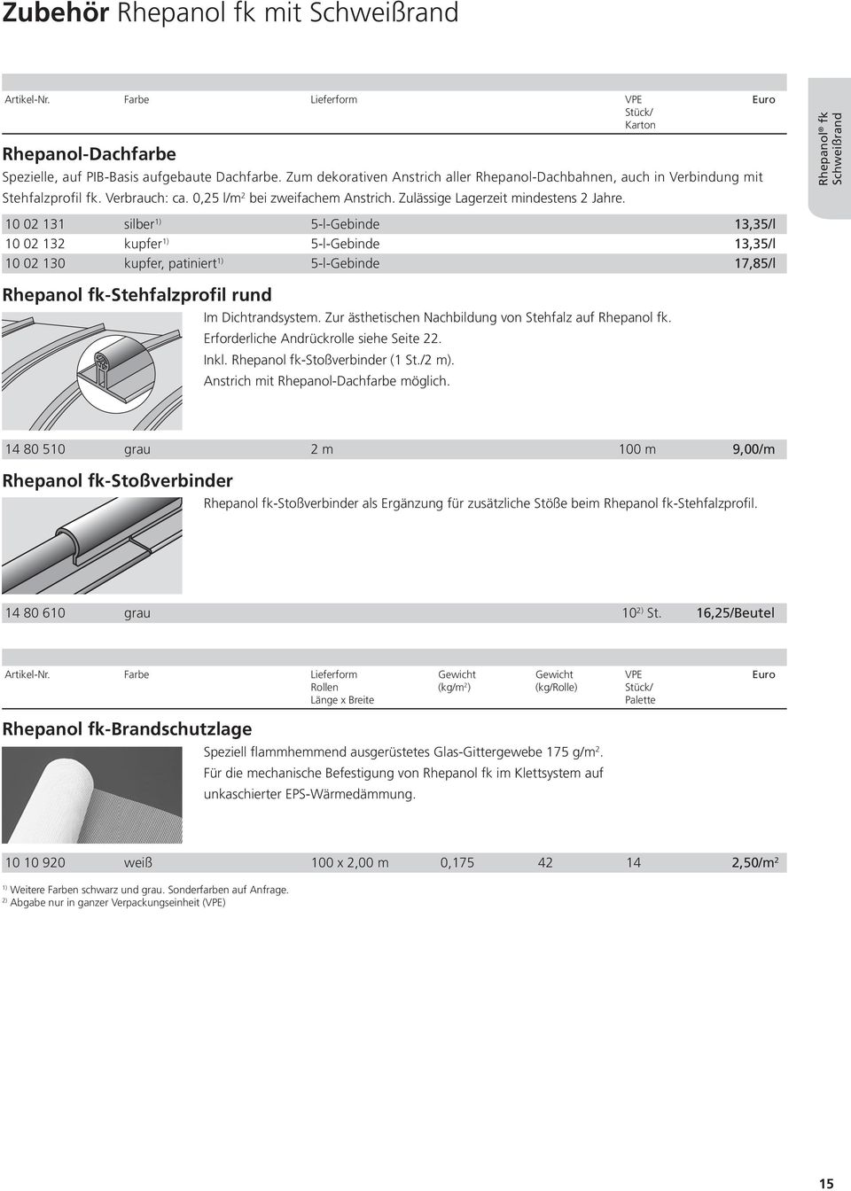 10 02 131 silber 1) 5-l-Gebinde 13,35/l 10 02 132 kupfer 1) 5-l-Gebinde 13,35/l 10 02 130 kupfer, patiniert 1) 5-l-Gebinde 17,85/l Rhepanol fk-stehfalzprofil rund Im Dichtrandsystem.