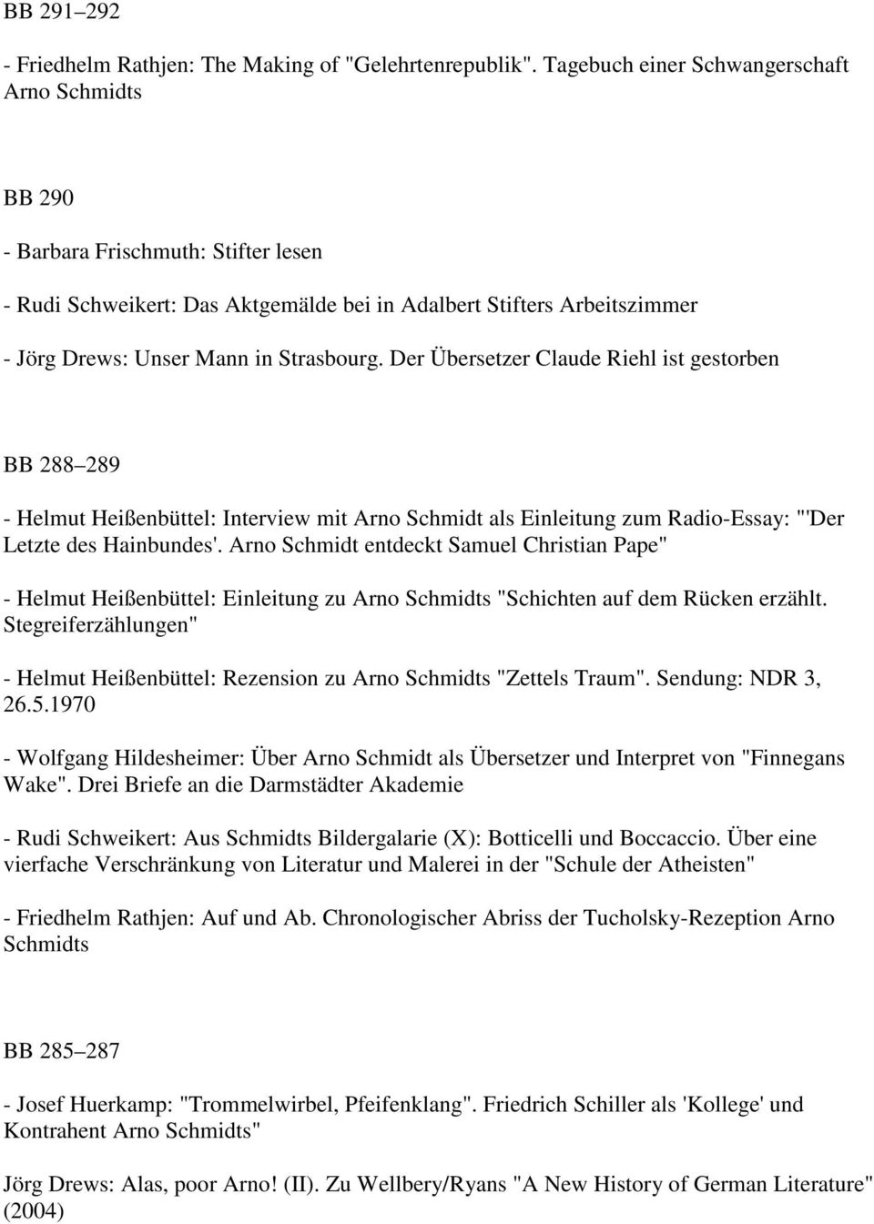 Der Übersetzer Claude Riehl ist gestorben BB 288 289 - Helmut Heißenbüttel: Interview mit Arno Schmidt als Einleitung zum Radio-Essay: "'Der Letzte des Hainbundes'.
