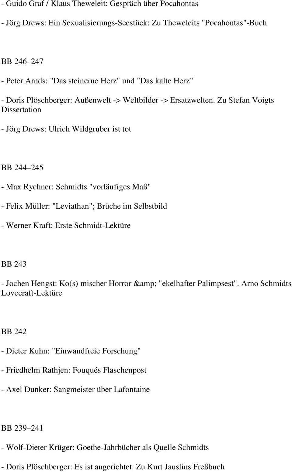 Zu Stefan Voigts Dissertation - Jörg Drews: Ulrich Wildgruber ist tot BB 244 245 - Max Rychner: Schmidts "vorläufiges Maß" - Felix Müller: "Leviathan"; Brüche im Selbstbild - Werner Kraft: Erste