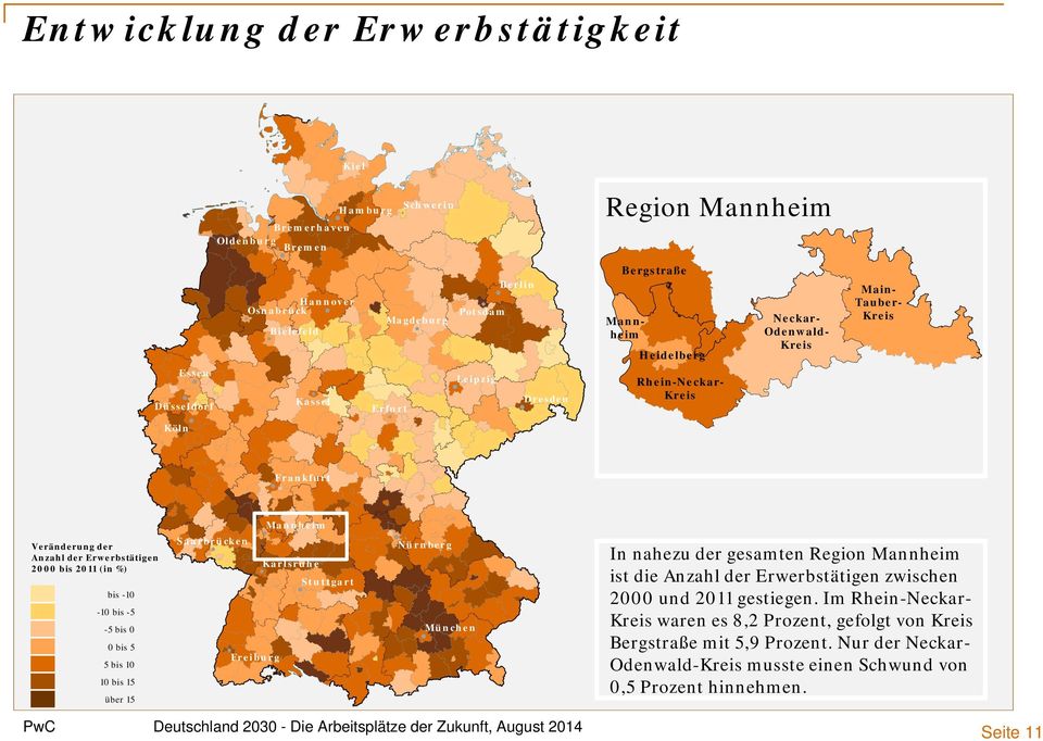 Nürnberg Karlsruhe St ut t gart bis -10-10 bis -5 München -5 bis 0 0 bis 5 5 bis 10 Freiburg 10 bis 15 über 15 In nahezu der gesamten Region Mannheim ist die Anzahl der Erwerbstätigen zwischen