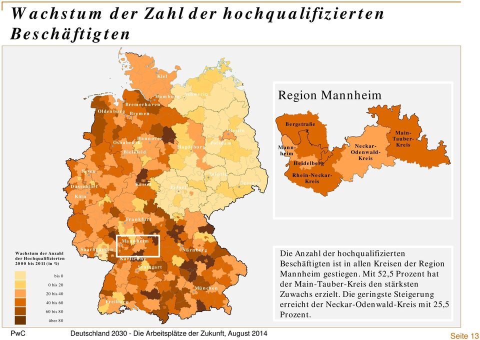 bis 2011 (in %) Saarbrücken Nürnberg Karlsruhe St ut t gart bis 0 0 bis 20 München 20 bis 40 40 bis 60 Freiburg 60 bis 80 über 80 Die Anzahl der hochqualifizierten Beschäftigten ist in allen