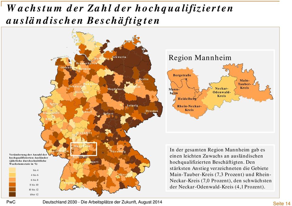hochqualifizierten Ausländer (jährliche durchschnittliche Wachstumsrate in %) Nürnberg Karlsruhe St ut t gart bis 4 München 4 bis 6 6 bis 8 8 bis 10 Freiburg 10 bis 12 In der gesamten Region Mannheim