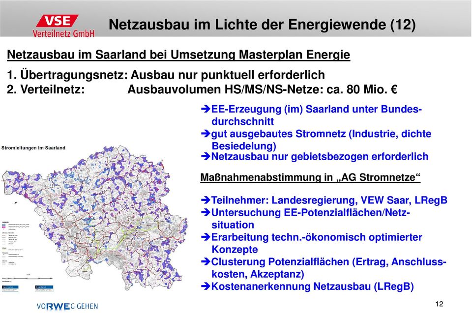 EE-Erzeugung (im) Saarland unter Bundesdurchschnitt gut ausgebautes Stromnetz (Industrie, dichte Besiedelung) Netzausbau nur gebietsbezogen erforderlich