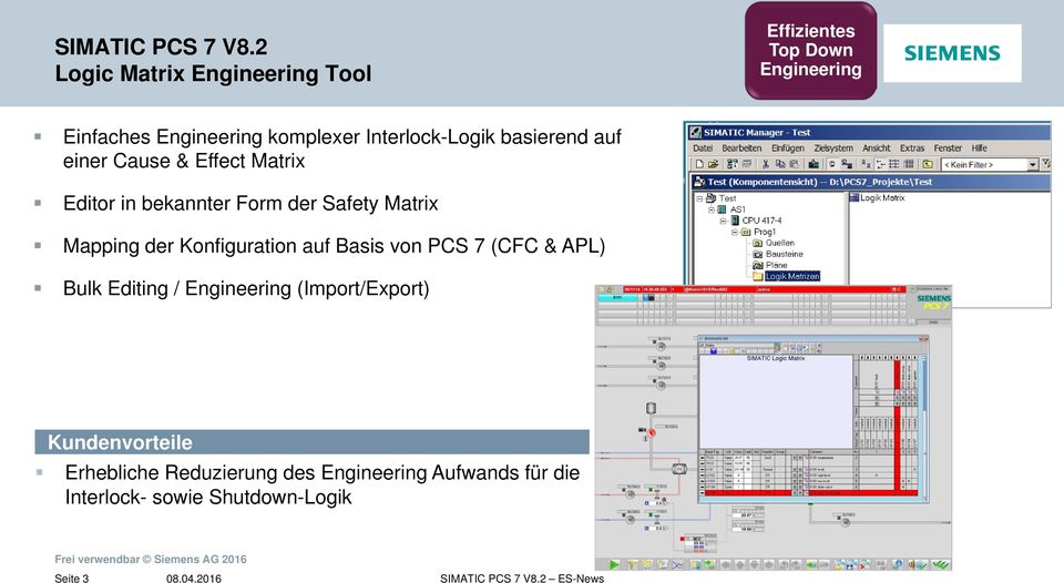 Interlock-Logik basierend auf einer Cause & Effect Matrix Editor in bekannter Form der Safety Matrix