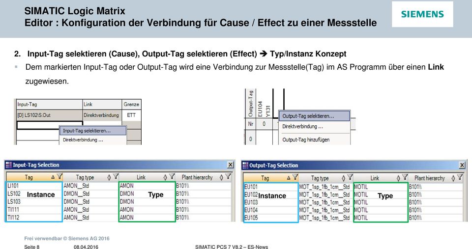Input-Tag selektieren (Cause), Output-Tag selektieren (Effect) Typ/Instanz Konzept
