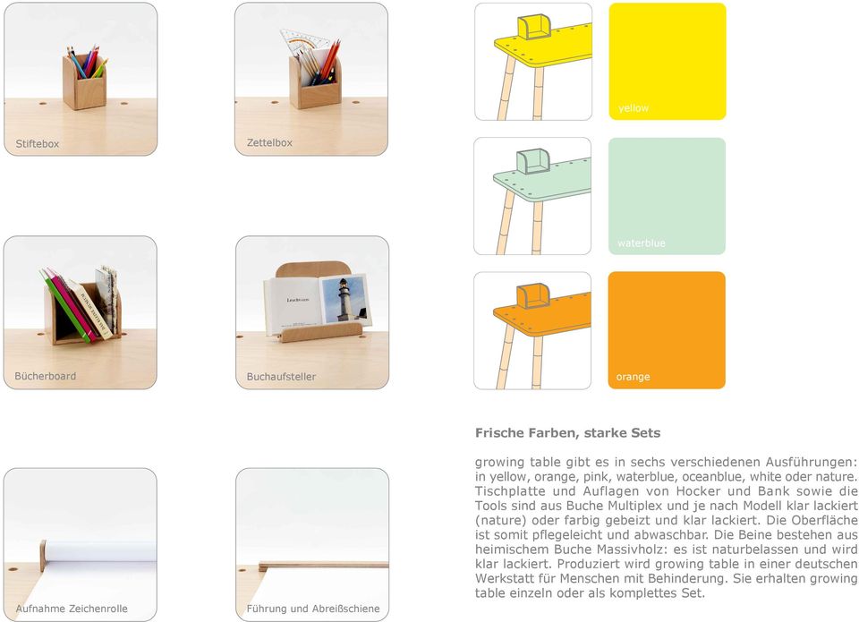 Tischplatte und Auflagen von Hocker und Bank sowie die Tools sind aus Buche Multiplex und je nach Modell klar lackiert (nature) oder farbig gebeizt und klar lackiert.