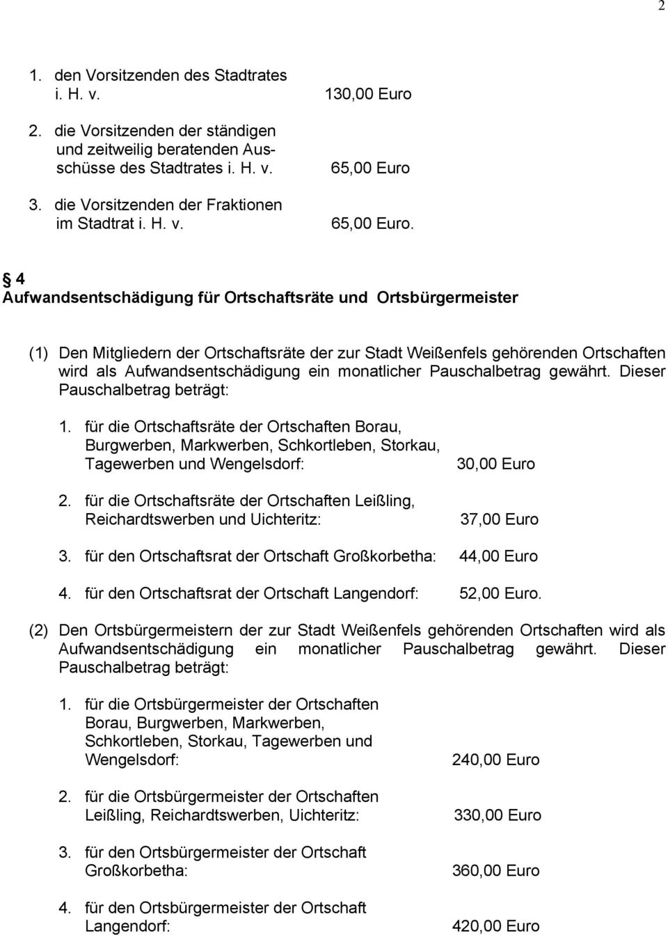 4 Aufwandsentschädigung für Ortschaftsräte und Ortsbürgermeister (1) Den Mitgliedern der Ortschaftsräte der zur Stadt Weißenfels gehörenden Ortschaften wird als Aufwandsentschädigung ein monatlicher