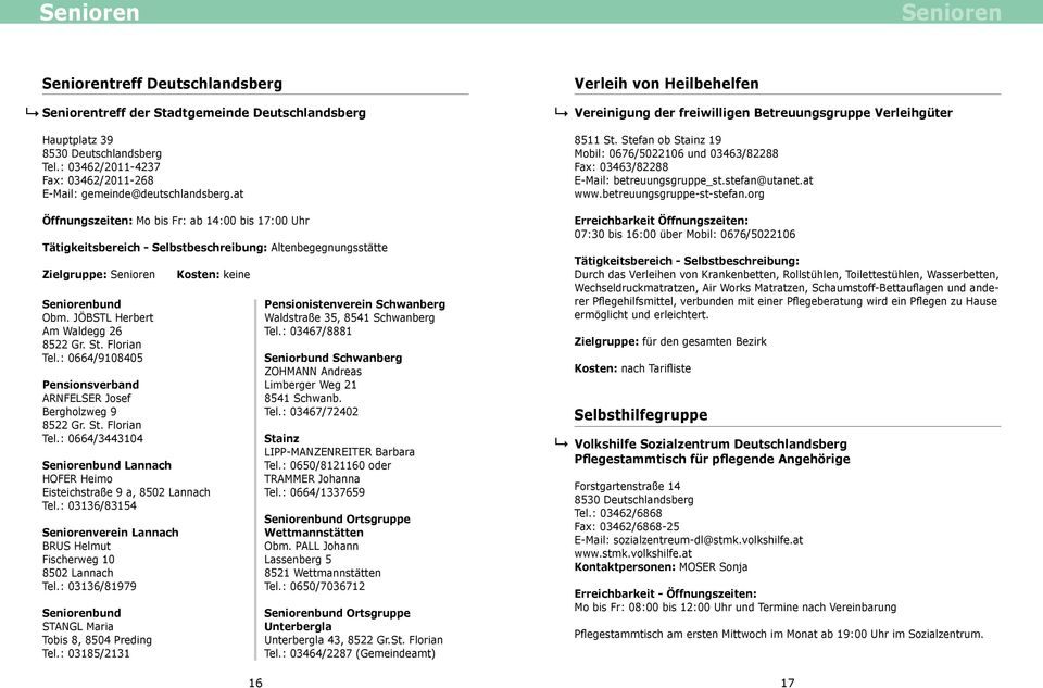 stefan@utanet.at www.betreuungsgruppe-st-stefan.org Öffnungszeiten: Mo bis Fr: ab 14:00 bis 17:00 Uhr Altenbegegnungsstätte Zielgruppe: bund Obm. Jöbstl Herbert Am Waldegg 26 522 Gr. St. Florian Tel.