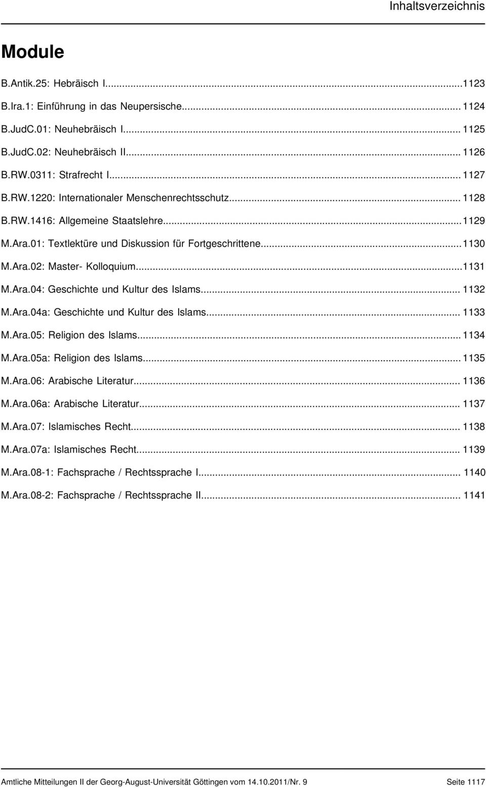 ..1131 M.Ara.04: Geschichte und Kultur des Islams... 1132 M.Ara.04a: Geschichte und Kultur des Islams... 1133 M.Ara.05: Religion des Islams... 1134 M.Ara.05a: Religion des Islams... 1135 M.Ara.06: Arabische Literatur.