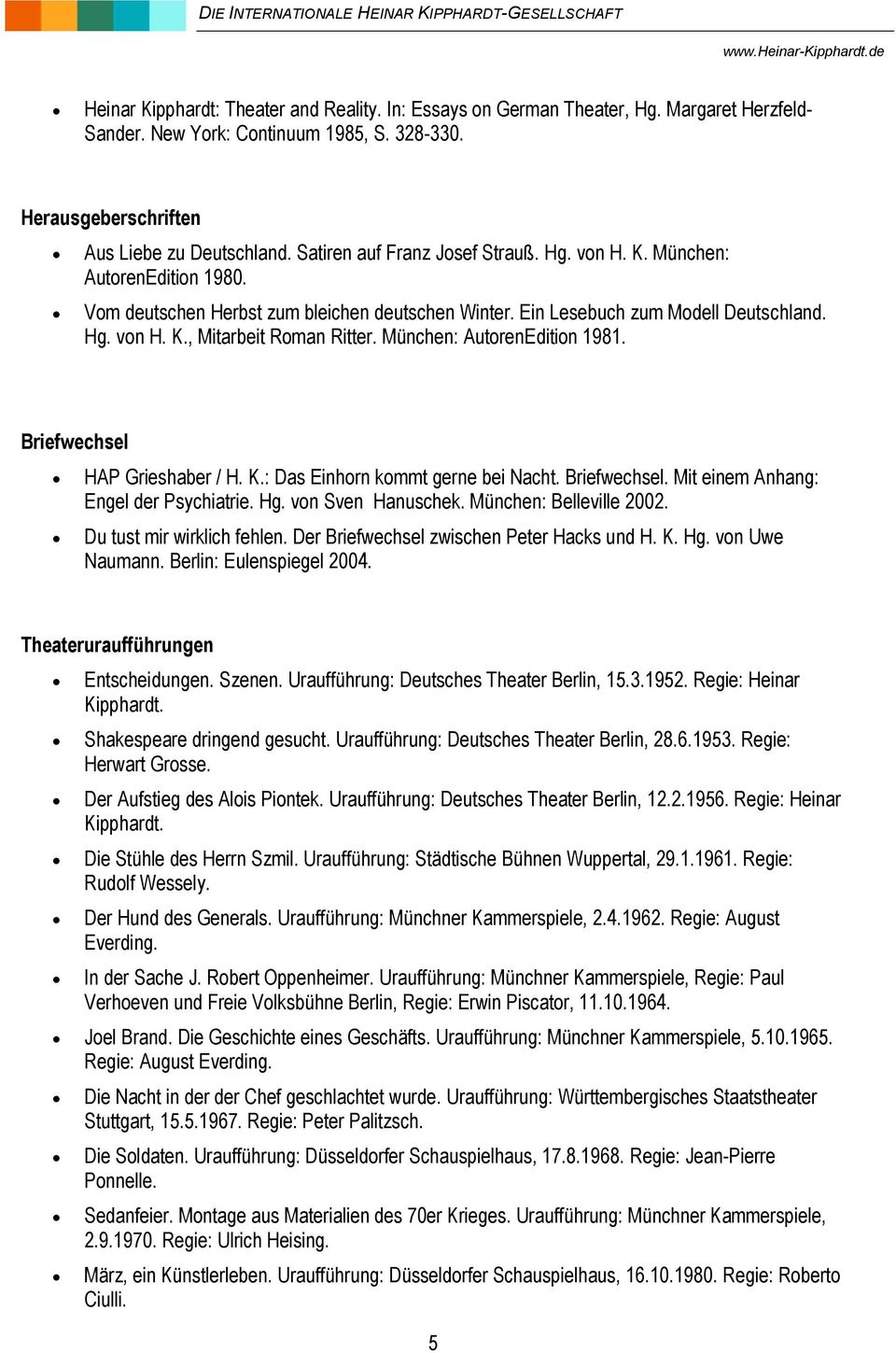 München: AutorenEdition 1981. Briefwechsel HAP Grieshaber / H. K.: Das Einhorn kommt gerne bei Nacht. Briefwechsel. Mit einem Anhang: Engel der Psychiatrie. Hg. von Sven Hanuschek.