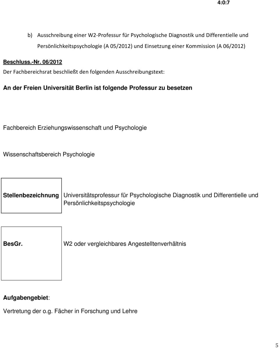 06/2012 Der Fachbereichsrat beschließt den folgenden Ausschreibungstext: An der Freien Universität Berlin ist folgende Professur zu besetzen Fachbereich