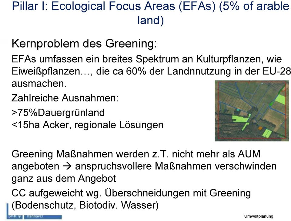 Zahlreiche Ausnahmen: >75%Dauergrünland <15ha Acker, regionale Lösungen Greening Maßnahmen werden z.t.