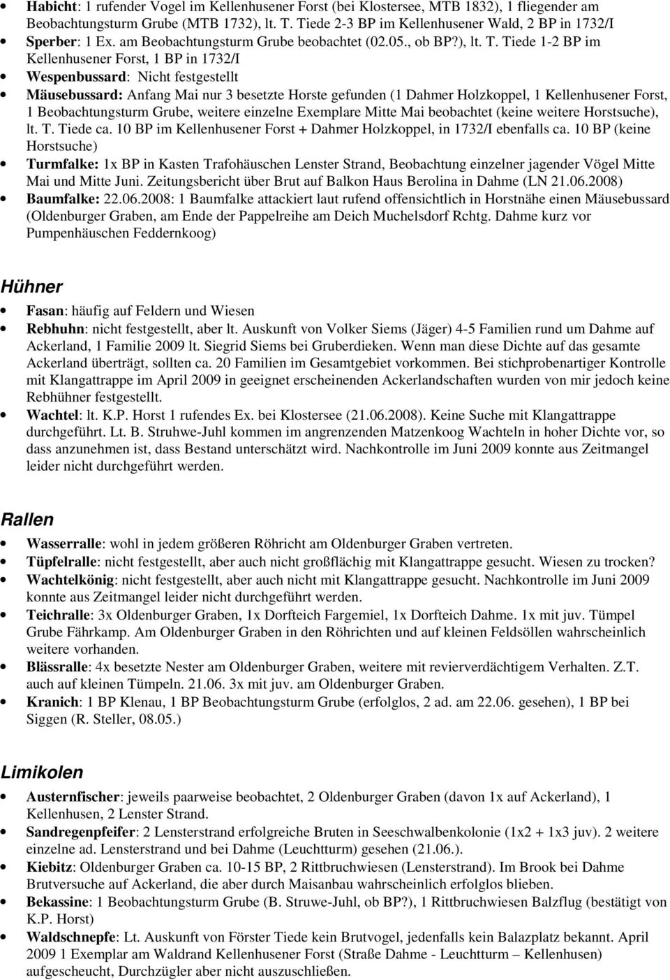 Tiede 1-2 BP im Kellenhusener Forst, 1 BP in 1732/I Wespenbussard: Nicht festgestellt Mäusebussard: Anfang Mai nur 3 besetzte Horste gefunden (1 Dahmer Holzkoppel, 1 Kellenhusener Forst, 1