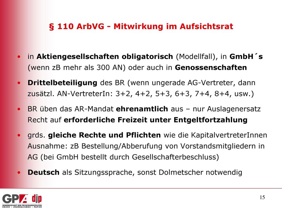 ) BR üben das AR-Mandat ehrenamtlich aus nur Auslagenersatz Recht auf erforderliche Freizeit unter Entgeltfortzahlung grds.