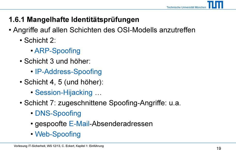 IP-Address-Spoofing Schicht 4, 5 (und höher): Session-Hijacking Schicht 7: