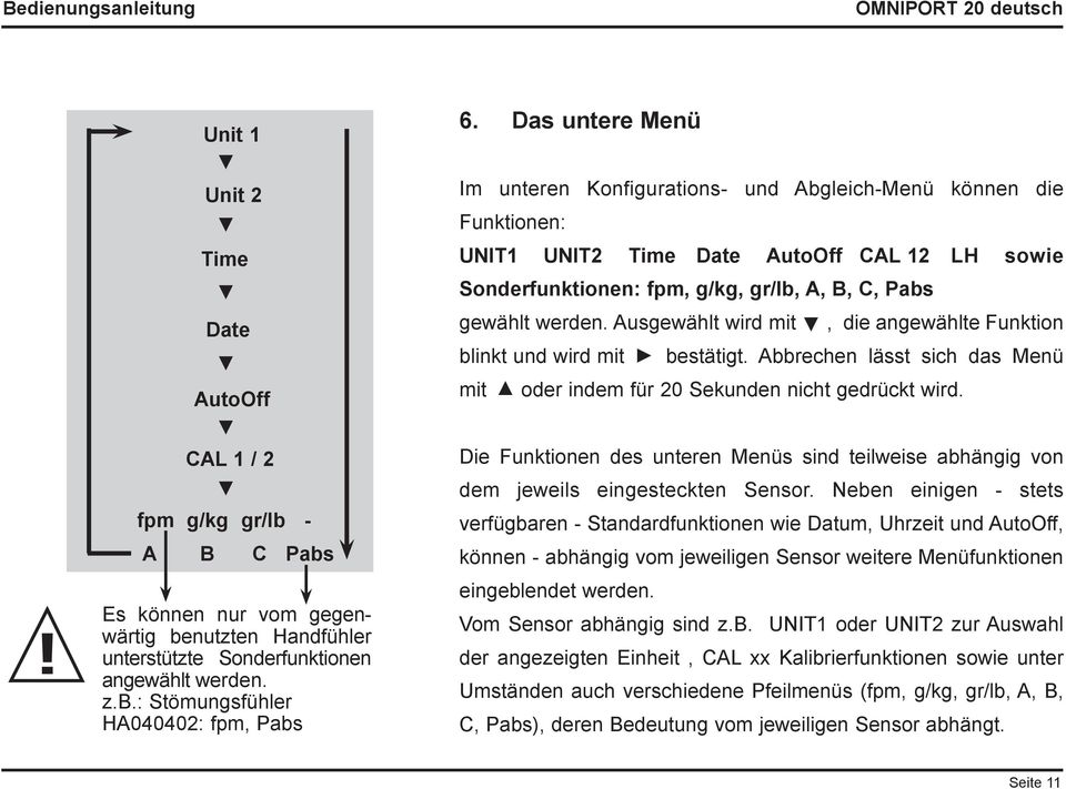 Das untere Menü Im unteren Konfigurations- und Abgleich-Menü können die Funktionen: UNIT1 UNIT2 Time Date AutoOff CAL 12 LH sowie Sonderfunktionen: fpm, g/kg, gr/lb, A, B, C, Pabs gewählt werden.