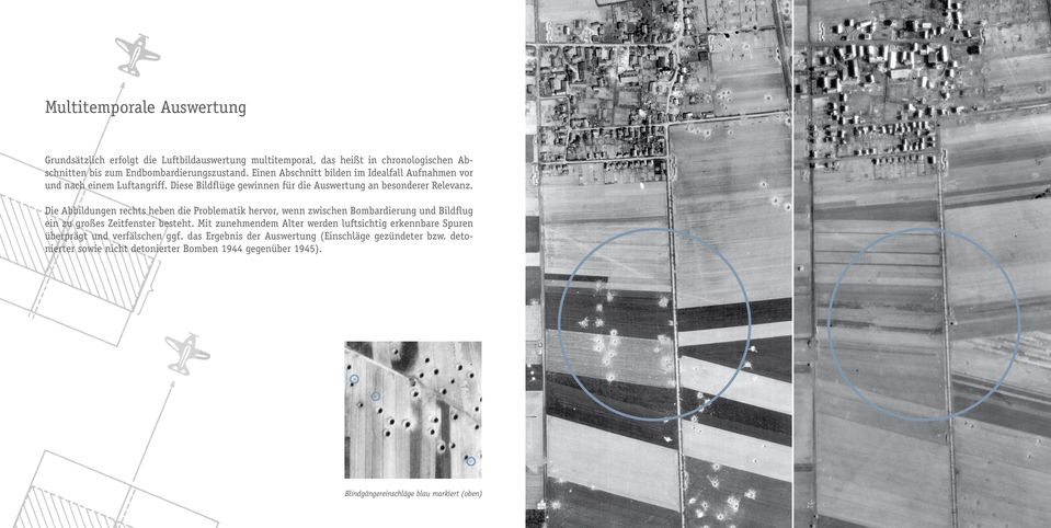Die Abbildungen rechts heben die Problematik hervor, wenn zwischen Bombardierung und Bildflug ein zu großes Zeitfenster besteht.