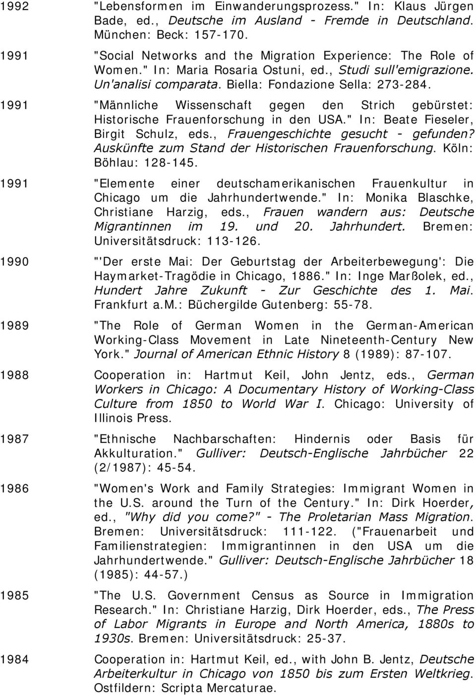 1991 "Männliche Wissenschaft gegen den Strich gebürstet: Historische Frauenforschung in den USA." In: Beate Fieseler, Birgit Schulz, eds., Frauengeschichte gesucht - gefunden?
