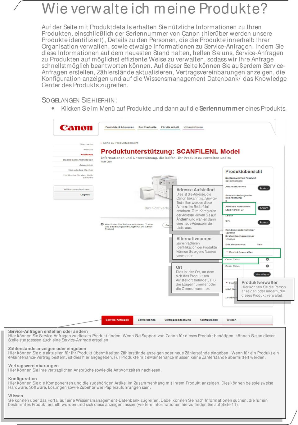 Personen, die die Produkte innerhalb Ihrer Organisation verwalten, sowie etwaige Informationen zu Service-Anfragen.