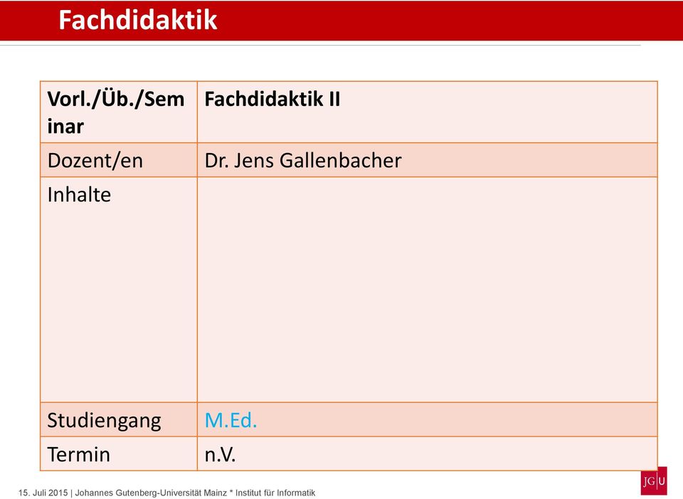Jens Gallenbacher Vorlesungen Studiengang M.Ed.