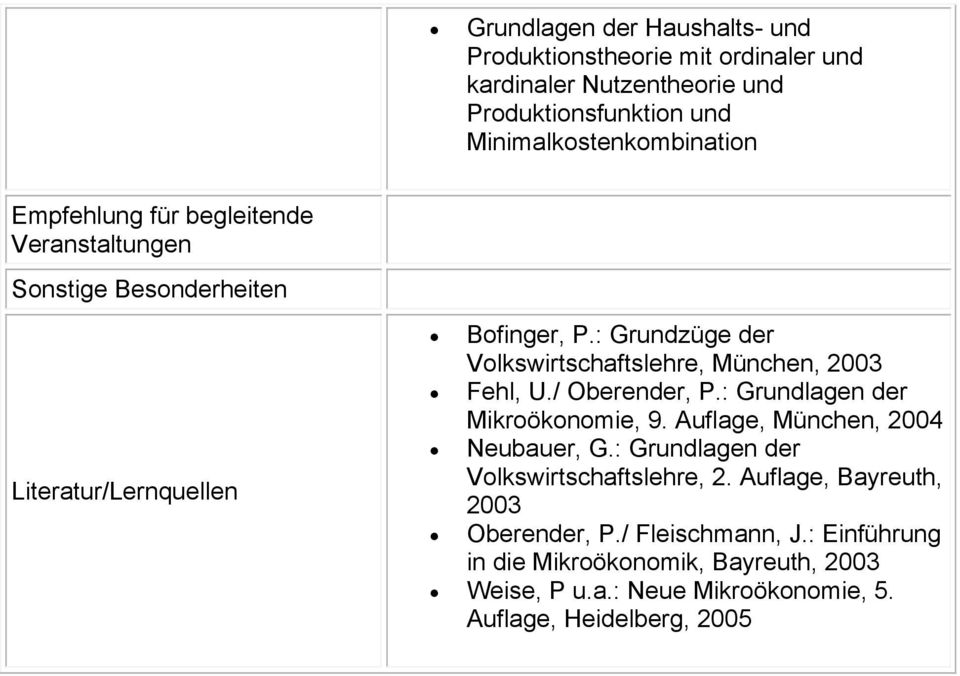 : Grundzüge der Volkswirtschaftslehre, München, 2003 Fehl, U./ Oberender, P.: Grundlagen der Mikroökonomie, 9. Auflage, München, 2004 Neubauer, G.