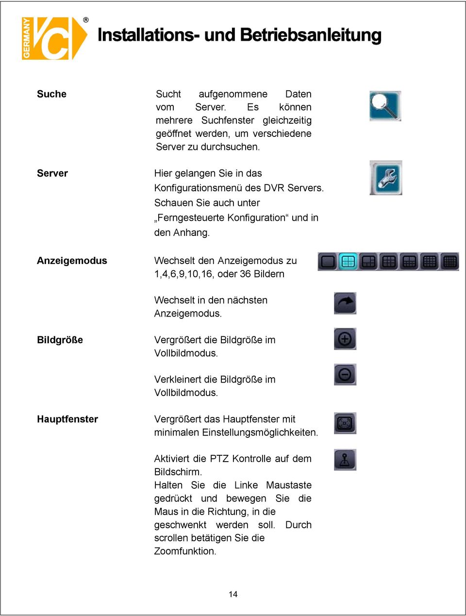 Anzeigemodus Wechselt den Anzeigemodus zu 1,4,6,9,10,16, oder 36 Bildern Wechselt in den nächsten Anzeigemodus. Bildgröße Vergrößert die Bildgröße im Vollbildmodus.