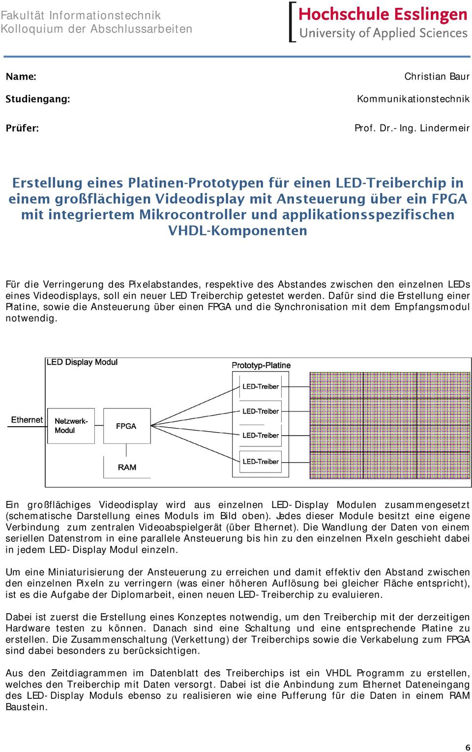 applikationsspezifischen VHDL-Komponenten Für die Verringerung des Pixelabstandes, respektive des Abstandes zwischen den einzelnen LEDs eines Videodisplays, soll ein neuer LED Treiberchip getestet