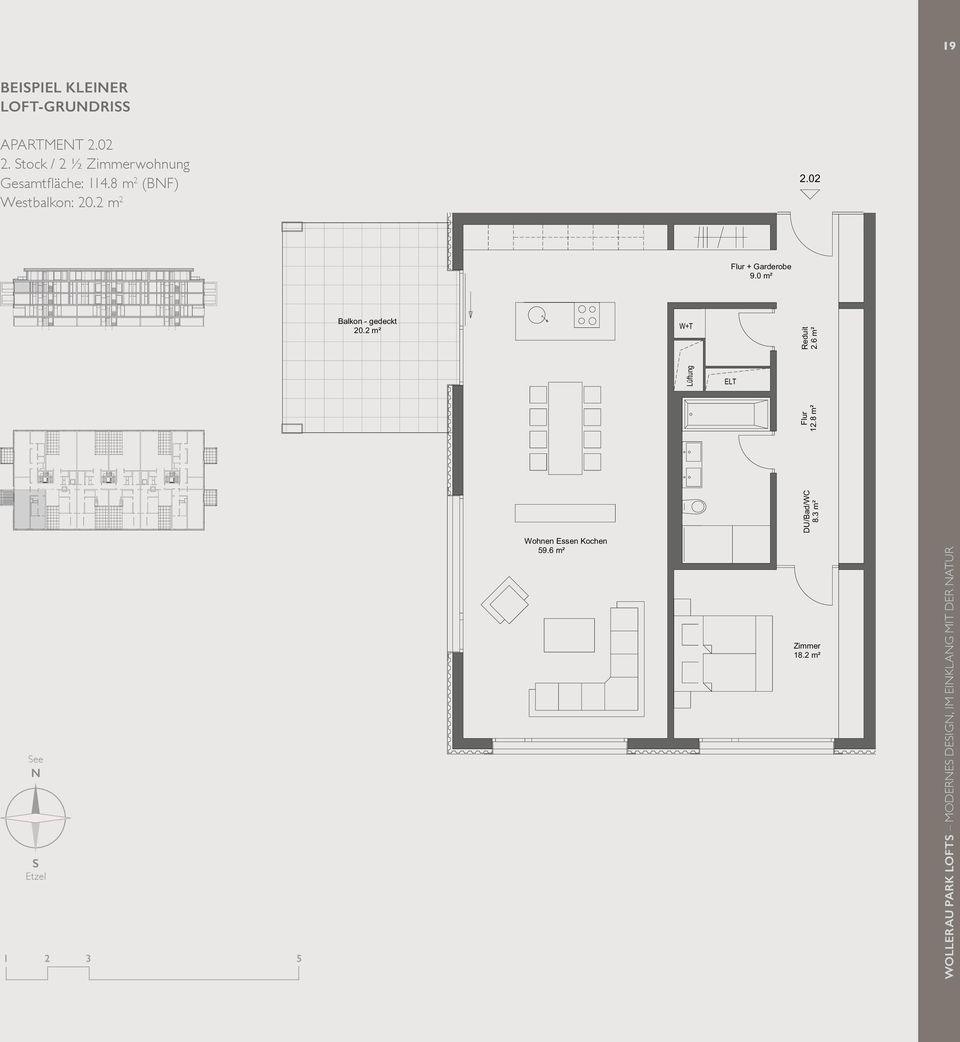 0 m² Balkon - gedeckt 20.2 m² W+T Lüftung ELT Flur 12.8 m² Reduit 2.6 m² DU/Bad/WC 8.3 m² Wohnen Essen Kochen 59.