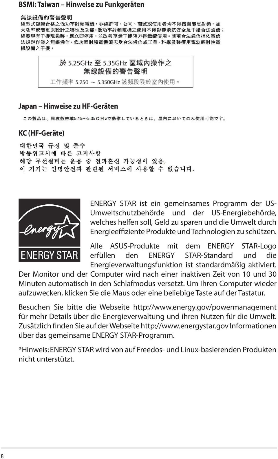 Alle ASUS-Produkte mit dem ENERGY STAR-Logo erfüllen den ENERGY STAR-Standard und die Energieverwaltungsfunktion ist standardmäßig aktiviert.