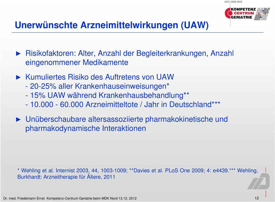 000 Arzneimitteltote / Jahr in Deutschland*** Unüberschaubare altersassoziierte pharmakokinetische und pharmakodynamische Interaktionen