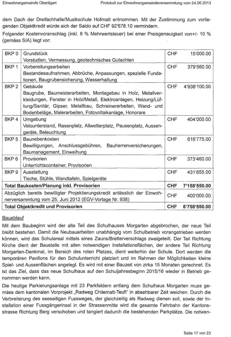 8 % Mehrwertsteuer) bei einer Preisgenauigkeit von+/- 10 % (gemäss SIA) liegt vor: BKPO BKP1 BKP2 BKP4 BKP5 BKP6 BKP9 Grundstück Vorstudien, Vermessung, geotechnisches Gutachten Vorbereitungsarbeiten