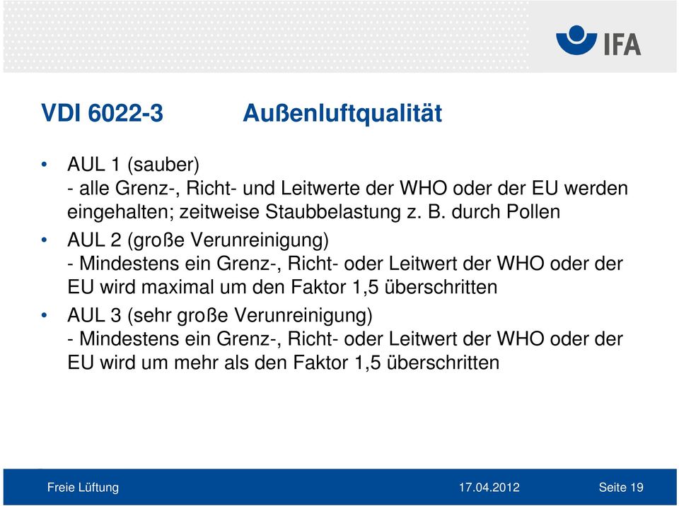 durch Pollen AUL 2 (große Verunreinigung) - Mindestens ein Grenz-, Richt- oder Leitwert der WHO oder der EU wird