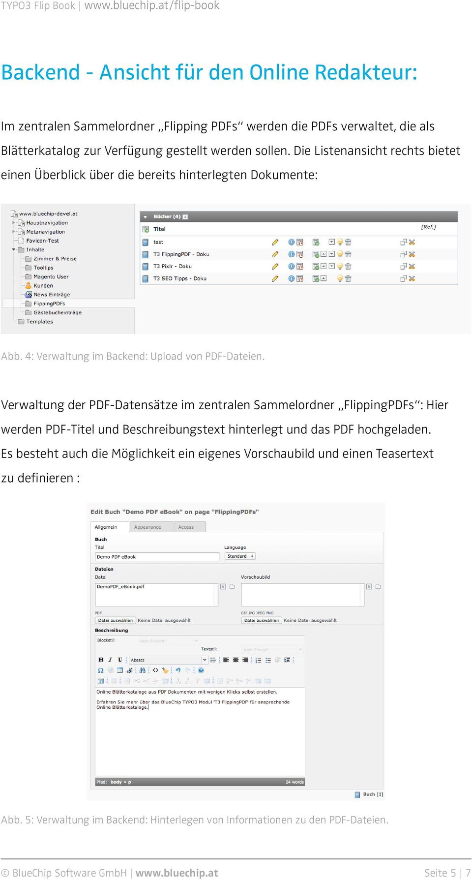 Verwaltung der PDF-Datensätze im zentralen Sammelordner FlippingPDFs : Hier werden PDF-Titel und Beschreibungstext hinterlegt und das PDF hochgeladen.